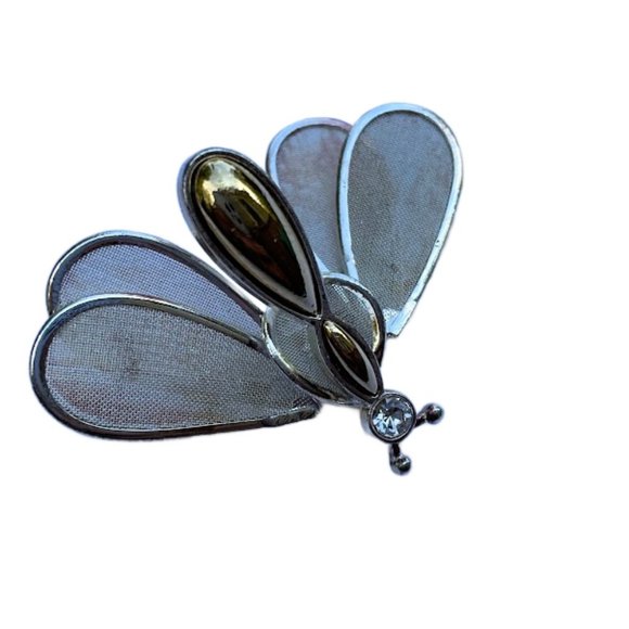 Vintage 60s Trembler Brooch Silver Gold Tone Mesh Butterfly Pin - Picture 5 of 5